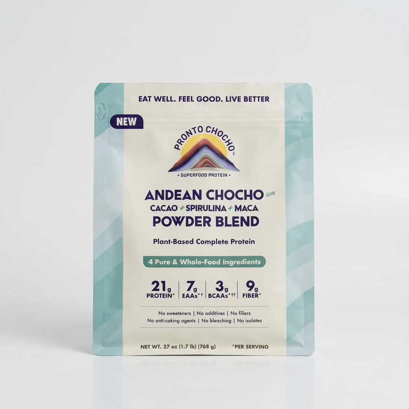 Andean Chocho <span style="color:#7a868e; font-style: italic; font-weight: 600;">with</span> <br>
<span>Cacao + Spirulina + Maca</span>