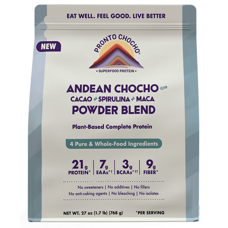Andean Chocho <span style="color:#7a868e; font-style: italic; font-weight: 600;">with</span> <br>
<span>Cacao + Spirulina + Maca</span>