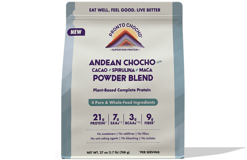 Andean Chocho <span style="color:#7a868e; font-style: italic; font-weight: 600;">with</span> <br>
<span>Cacao + Spirulina + Maca</span>