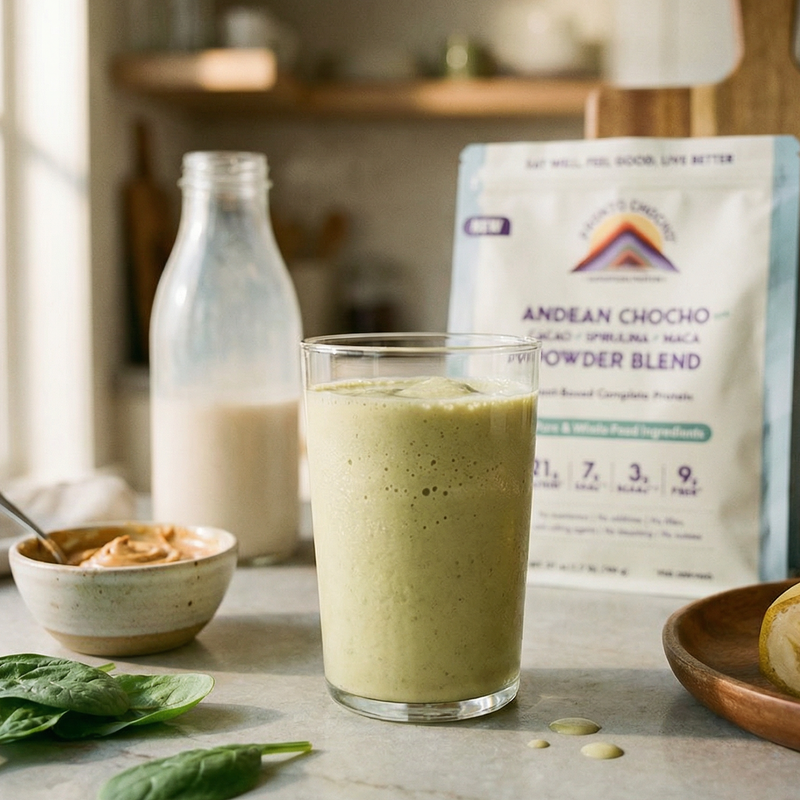 Andean Chocho <span style="color:#7a868e; font-style: italic; font-weight: 600;">with</span> <br>
<span>Cacao + Spirulina + Maca</span>